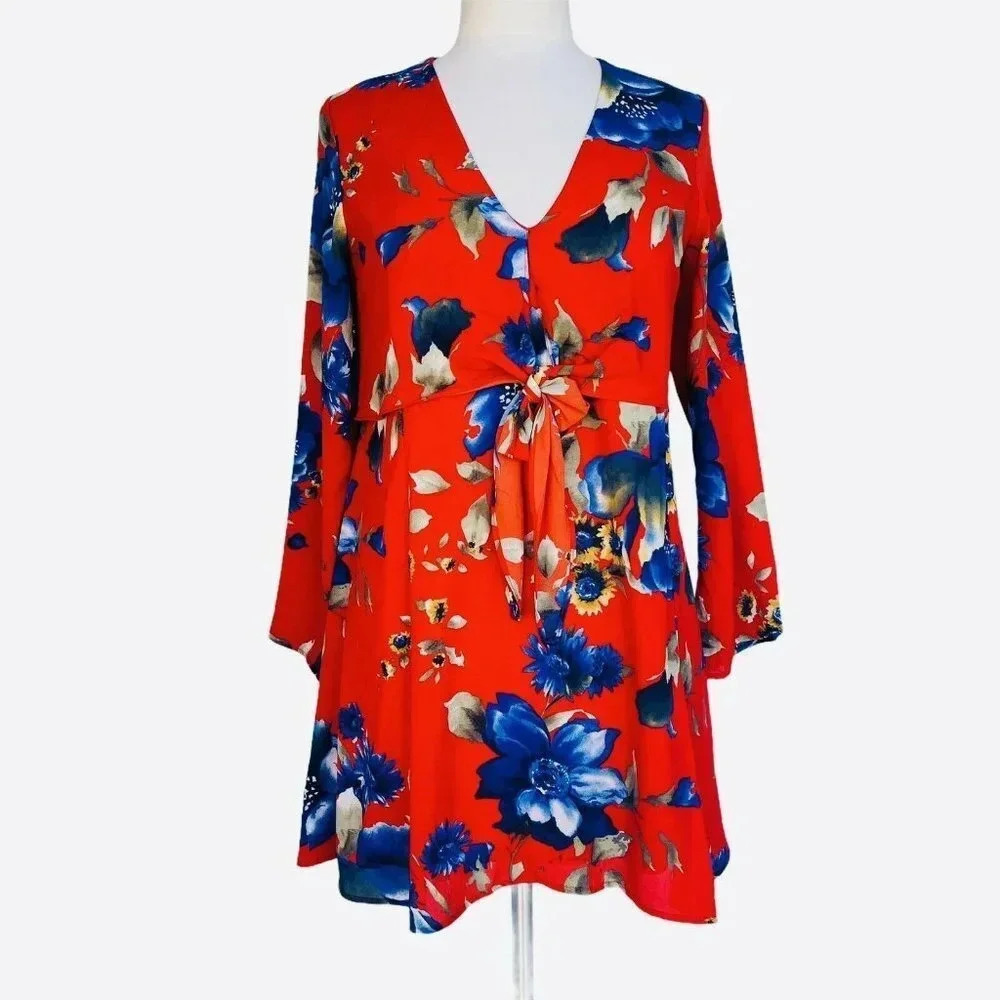 ADRIENNE Women’s Size S Scarlet Floral Tie Front Long Sleeve V-neck Short Dress